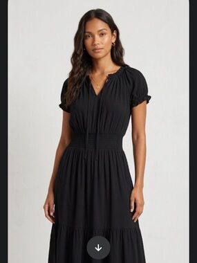 J&W Black Silk Blend Smocked Waist Midi Dress Tie Neck Ruffle Hem XL